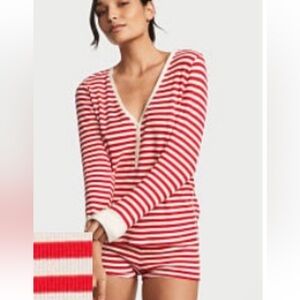 Victoria’s Secret thermal henley short pj set red stripe sz lg